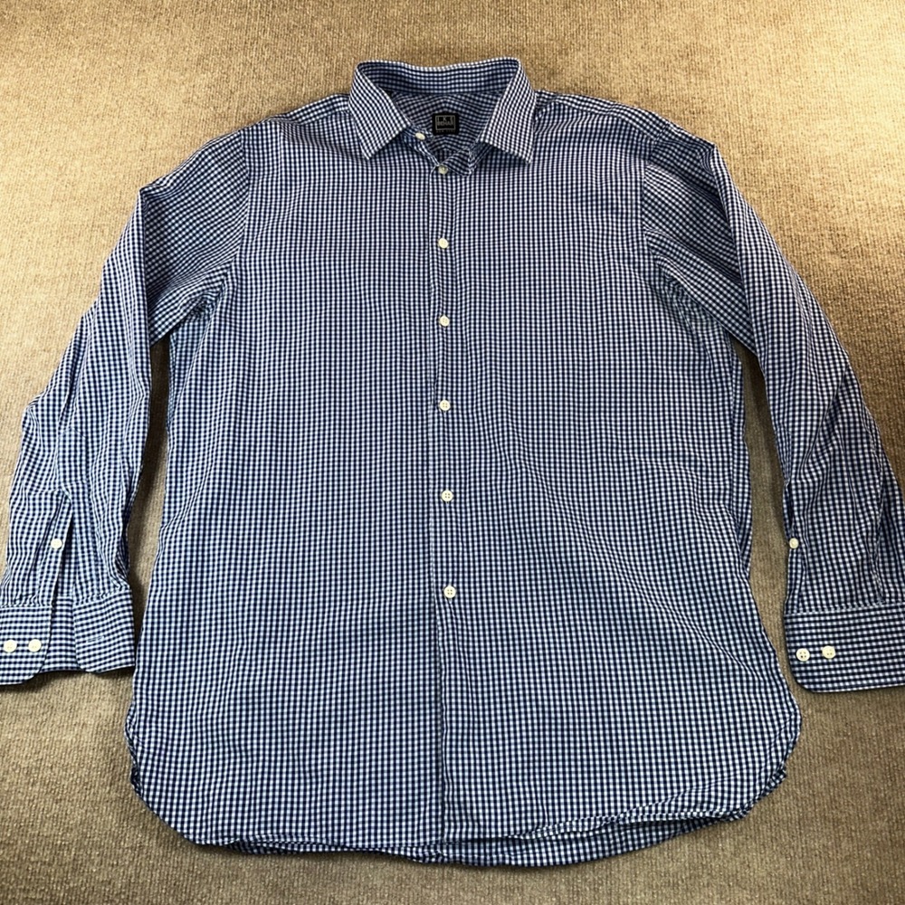 Ike‎ Behar New York Mens Blue White Gingham Dress Shirt 16 32/33 Long Sleeve